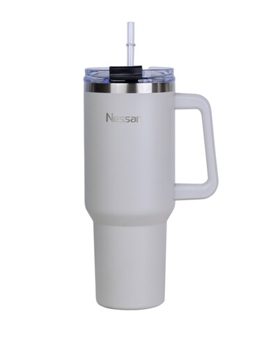Double Wall Stainless Steel Vacuum Insulated Travel Mug Tumbler with Dual Function Lid and Straw for Water, Iced Tea or Hot Coffee, Smoothie and More (Beige, 1200ml)