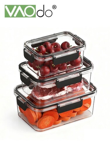 3PCS Different Size Prep Containers, PET Material Airtight Lunch Container with Snap Locking Lids, Rectangle Food Container Set Black