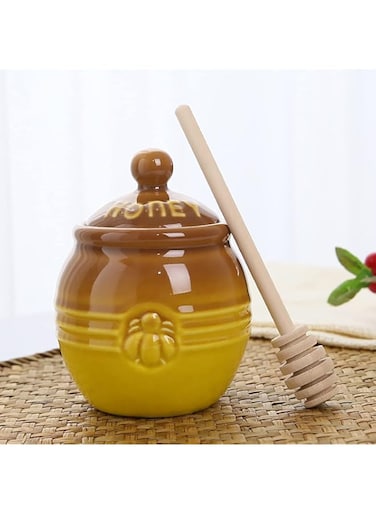 Kosmeey Ceramic Honey Jar with Wooden Honey Dipper-Honey Pot with Dipper- Honey Jar with Stand, Great Bee Decor- Farmhouse Kitchen Decor (Honey Jar-Brown)
