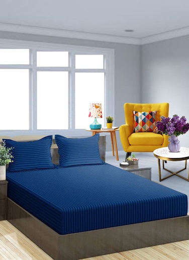 Navy Blue Cotton King Striped Fitted Elastic Bedsheet Sets 200x200+35cm