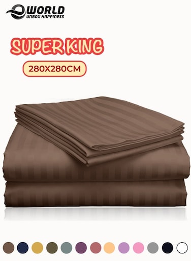 3 Piece Super King Brown Striped Bed Sheet Set &acirc;&euro;&ldquo; Ultra-Soft Microfiber Striped Sheet &amp; 2 Pillowcases, Breathable Luxury Bedding for Home &amp; Hotel Use