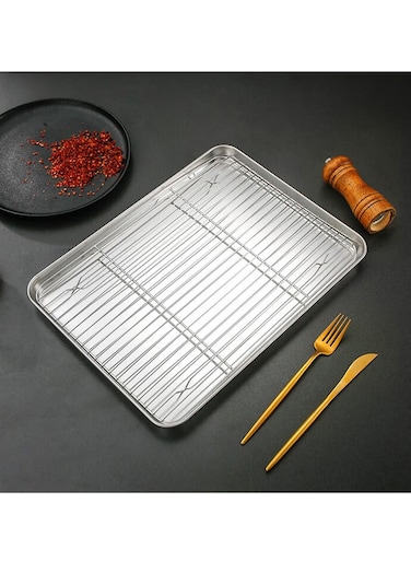 Stainless Steel Baking Sheet And Drain Tray, Barbecue Grilling Tray With Cooling Rack, Oil Drain And Vegetable Preparation Tray, Small Baking Tray With Rack Set, Rust Proof, 40*30*2.5cm