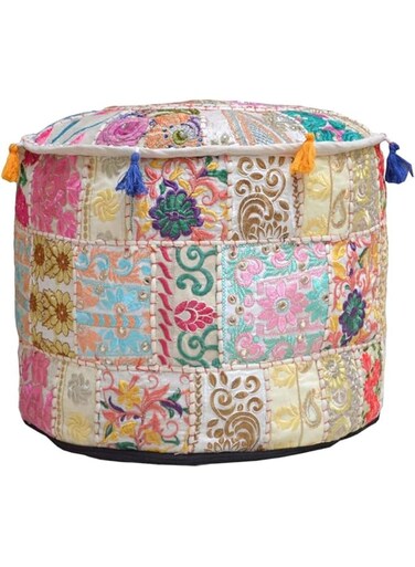 Aakriti Gallery Indian Pouf Footstool Ethnic Embroidered Pouf Cover, Indian Cotton Round Pouffe Ottoman Pouf Cover Pillow Ethnic Decor Art - Cover Only (Beige, 22x14)