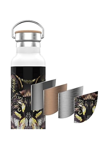 Green Lion Pattern Stainless Steel Portable Water Bottle 600ml / 21oz with Handle, Double Vacuum Wall, Smudge Resistant, Scratch Defense, &amp; Condensation Proof, Wood Lid - Wolf