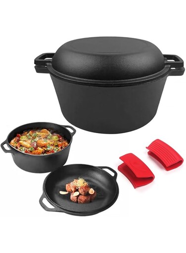Cast Iron Dutch Oven with Lid, 2-in-1 Pre-Seasoned Non-Stick Pot Skillet Frying Pan, Cast Iron Skillet Cookware Pan Set with Dual Handles for Bread, Frying, Baking, Camping, BBQ