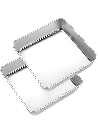 Joyfair Cake Tin Set of 2, 8 inch Stainless Steel Square Baking Tin/Small Roasting Pan, Cake Mould for Birthday Christmas, Brownie Lasagna Bakeware, Healthy, Matte Finished &amp; Dishwasher Safe, 21 cm