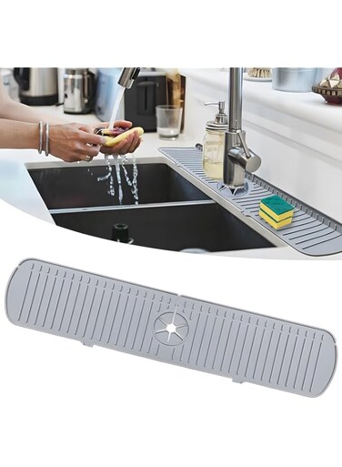 Aputue Silicone Faucet Sink Mat, Large Absorbent Silicone Faucet Mat, Multipurpose Kitchen Sink Accessories, Handle Drip Catcher Tray, Silicone Draining Mat for Kitchen Counter and Bathroom
