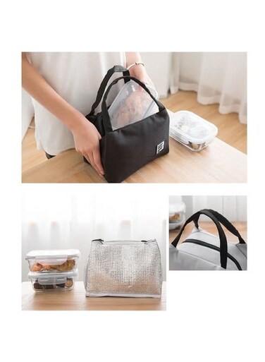 Insulated Canvas Tote Lunch Bag Cotton Black 23 x18 x 15cm
