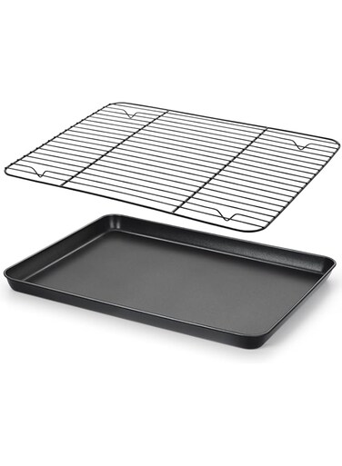 E-far Nonstick Baking Sheet with Rack Set, 16 x 12 x 1 Inch Large Cookie Sheet Baking Pan with Cooling Rack for Oven, Commercial Grade &amp; Non-Toxic, Easy to Clean