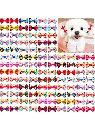 Mruq pet Dog Bows, 100pcs Cute Small Dog Bows with Rubber Bands, Bulk Pet Yorkie Dog Hair Grooming Bows, Handmade Puppy Doggie Bowknot for Dog Girl Hair Accessories
