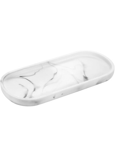 Luxspire Vanity Tray, Toilet Tank Oval Storage Tray, Resin Marble Pattern Bathtub Tray, Bathroom Countertop Organization, Vanity Organizer for Candles, Soap, Towel, Plant, etc - White Marble
