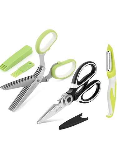 SASACIA 5-Blade Herb Scissors &amp; Kitchen Shears with Fruit Peeler - Complete Set for Fresh Herbs, Meat, Vegetables &amp; Fruit - Easy to Clean, Heavy Duty, Stainless Steel.