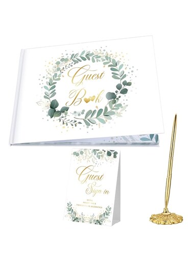 Wedding Guest Book Set Wedding Memory Book Lined Wedding Registry Guestbook with Gold Pen and Holder, Guest Sign in Table Card, Hard Cover with Gold Foil, for Baby Bridal Shower,7x9inch (Eucalyptus)