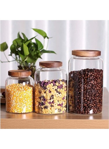 3PCS Large Glass Jar Set with Airtight Lids, Glass Canister Set with Wooden Lids, Glass Food Containers Suit for Kitchen Pantry for Flour, Tea, Coffee Beans, Sugar, Cookies (1250ML +2000ML+3000ML)