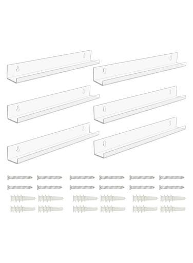 Clear Floating Shelves (6 Pack) - Acrylic Wall Mounted Shelves - Decorative Picture Ledge Shelf for Living Room, Bedroom, Kitchen, Bathroom &amp; Office - Ideal for Storage &amp; Display
