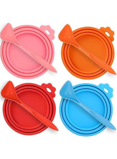 WEZCHUGHAOL 4 Pcs Pet Food Can Lids with 4 Spoons, Silicone Pet Food Can Lids Covers, Fit Most Standard Size Canned Dog Cat Food Can Tops for Pet Food Storage