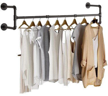 Clothes Rack Wall Mounted, Industrial Pipe Garment Rack Detachable Adjustable 130 CM Long, Heavy Duty Iron Garment Bar with 3 S-Shaped Hooks