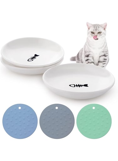 3pcs Ceramic Cat Food Plates,Cat Wet Food Bowls Cat Feeding Wide Bowls to Stress Relief of Whisker Fatigue Cat Dishes, Shallow Bowls for Kittens and Small Animals with Non-Slip Mat