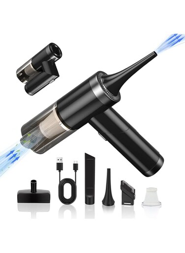 Xoopla 2 in 1 Car Vacuum &amp; Air Duster Foldable Compressed Air Duster Rechargeable Portable Handheld Vacuum Cordless Keyboard Cleaner Air Blower &amp; Mini Vacuum Cleaning for Car/Computer/House Black