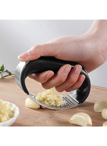 Garlic Press Rocker, Stainless Steel Garlic Mincer Crusher Professional Kitchen Gadgets Garlic Chopper with Ergonomic Handle, Silicone Garlic Peeler