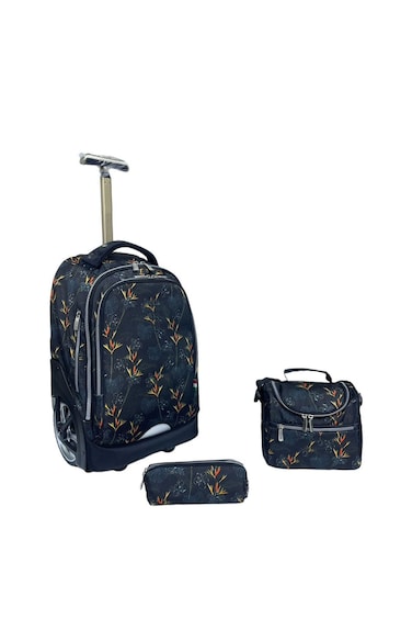 3-Piece Rolling School Set, 18-Inch Wheeled Backpack with Lunch Bag and Pencil Case, Pastel.BLACK LEAF PRINT