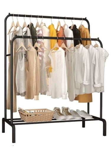 Double Pole Stainless Steel Cloth Hanging Coat Stand and Shoe Rack