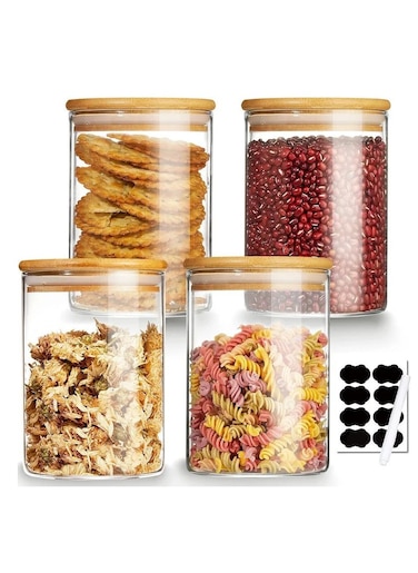 4 pcs 750 ml (27oz) Round Glass Storage Jar with Bamboo Lids Airtight, Stackable Glass Canisters &amp; Containers for Kitchen Storages Food Coffee Tea Cookie Pasta Candy Grains Herb