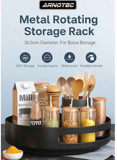 Storage Rack, 30.5cm Metal Rotating Spice Rack, 360 Degree Rotating Rack for Kitchen Cabinets Countertops Food Storage Room Bathroom Black