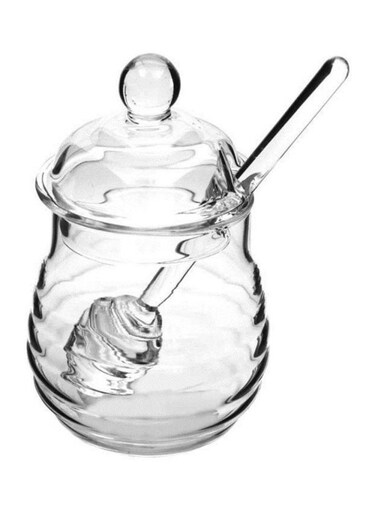 Crystal Glass Honey Jar With Dipper Clear Jar - 5.3x3.14, Dipper - 6.1x1.37inch