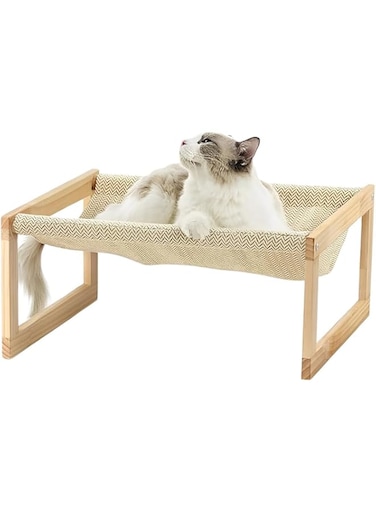 TOMVAES 2 In 1 Wooden Dog Bed, Breathable and Washable Cat Bed with Durable Sisal Pad, Elevated Pet Furniture Suitable for Kitty, Puppy, Rabbit, Bunny and Small Animal, 52.3 * 42 * 25.5cm
