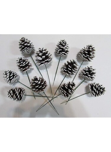 Dobar Natural Pinecones with Floral Pick - Premium Quality 2 Inch Pinecones with 5" Green Wired Pick - Set of 12 (White Tipped)