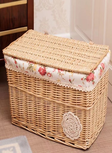 Hand-made Household Bamboo Storage Basket With Lid Brown 52x42x32cm