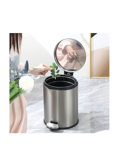 Stainless Steel Pedal Bin, Smudge Resistant Trash Can with Foot Pedal and Soft-Close Lid Round, Hands Free Garbage Bin for Kitchen Living Room Bathroom Office and Hotel (Grey, 8L)
