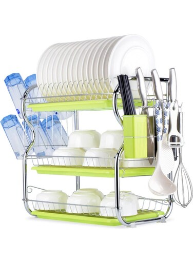 4 Tier Dish Drying Rack Silver/Green 56x43.5x25cm