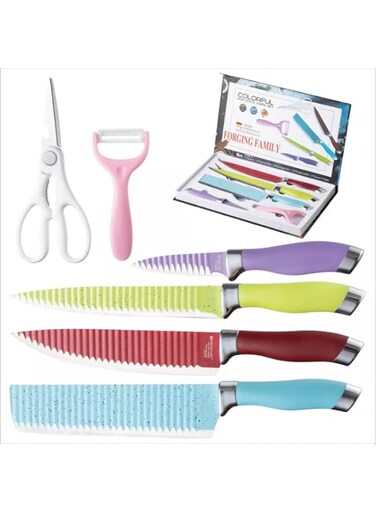 Vio 6 pcs Kitchen Knives Eco-friendly Spray Paint Chef Knife Peel Kitchen Scissors Set non stick cookware, Sharp Kitchen Knife Boxed Set for Slicing,Paring and Cooking