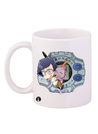 Anime Digimon Printed Mug White/Blue/Beige 12ounce