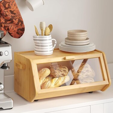 Emirates Living Bamboo Bread Box   Large Capacity Wooden Bread Storage Container with Window   Farmhouse Bread Holder for Kitchen Counter   Keeps Bread Fresh Longer