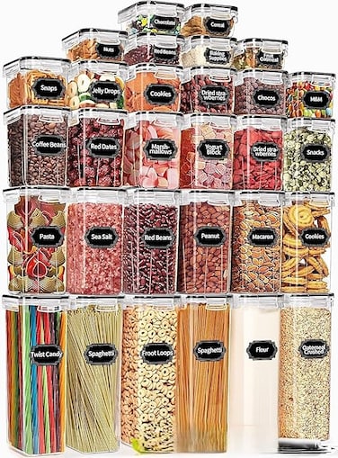 Emirates Living Plastic Food Storage Containers Set with Lids   Airtight Kitchen Organizer Jars for Spices, Pulses, Snacks &amp; Dry Food &ndash; Pack of 30