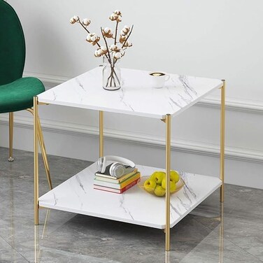 Al Nojoom Home Square Coffee Table &ndash; 23.6" Small 2-Tier End Table with Open Storage Shelf   White Wooden Top + Gold Metal Frame   Modern Living Room Side Table, Sofa Table &amp; Bedside Accent Table