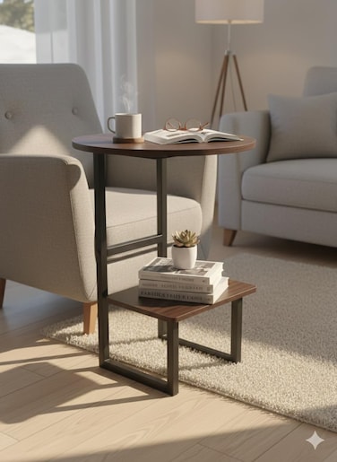 Al Nojoom Modern Round Coffee Table with Metal Frame &amp; Storage Shelves   Small Sofa Side/End Table for Living Room &amp; Bedroom Corner Cabinet &ndash; Gray