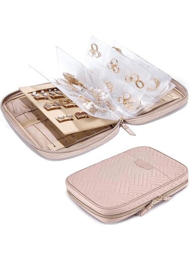 SZYYQ Jewelry Travel Organizer, Jewelry Case, Transparent Jewelry Storage, Book Ring Binder Jewelry Bags Clear Booklet Zipper Pouch Bag for Necklaces, Earrings, Rings, Bracelets (Pink)