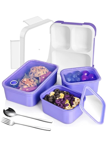 Lunch Box for Kids Adults, Insulated Bento Lunch Box with Tableware,1260ML 3 Compartment Divided Lunch Containers with Lids,Leakproof   BPA Free   Dishwasher Microwave Safe（Plastic,Purple）