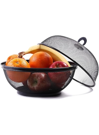 TERRIFI Mesh Fruit Basket with Lid, 10-Inch Metal Wire Mesh Fruit Cover, Protective Countertop Produce Holder and Strainer, Kitchen Accessory for Food, Vegetables, and Fruits (Black)