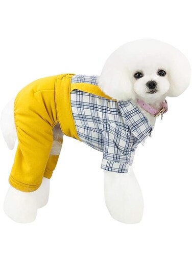 Dog Shirt Clothes Plaid Shirt Bow Tie 4 Legs Casual Shirt Overall Cool Summer Spring Autumn Vest for Small Dog Puppy Cat (White grid, L)