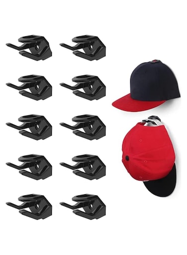 10PCS Adhesive Hat Hooks for Wall, Strong Hold Hat Hangers, Minimalist Hat Rack Design, No Drilling, Hat Hooks for Baseball Caps, Hat Holder Organizer for Wall Door Closet Office Bedroom (Black)