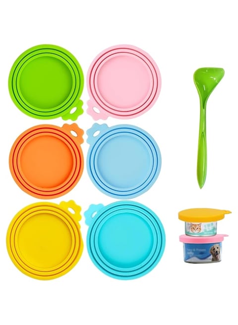 Coocicyi Can Lids Cover for Pet Food, 6 Pack Pet Food Can Cover Universal Silicone Cat Dog Food Can Lid 1 Fit 3 Standard Size Can Tops with 1 Spoons (multicolor)