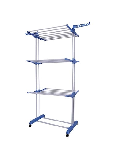 Indoor Foldable Powder Coated 3 Layer Tier Clothes Folding Dryer Stand Rack with Wheels (Blue)