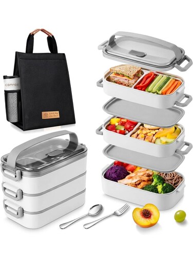 Stainless Steel Lunch Box: 2100ml 3 Layers 304 Microwave Safe Leakproof Bento Box - 5 Compartments Stackable Bento Lunch Box for Adults Students Office School Picnic (White, 3 Layer)