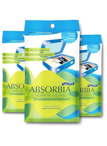 Absorbia Moisture Absorber  Absorbia Sachet(100g X 3 Sachet) - Family Pack of 3  Absorbs 200ml Each   Dehumidier for Bags, Suitcases &amp; Drawers   Fights Against Moisture, Mould, Fungus &amp; musty smells