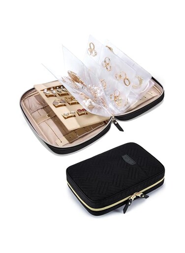 Excefore Travel Jewelry Organizer Case Travel Jewelry Storage Bag Clear Booklet Zipper Pouch Bag for Necklace, Earrings, Rings, Bracelet, Soft Black